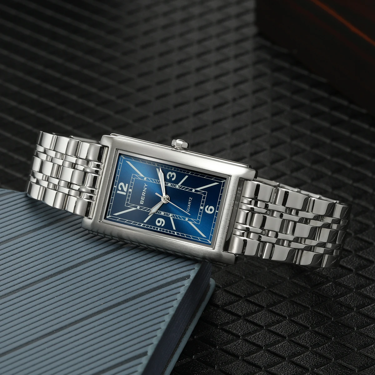 BERNY Square Men Watch Luminous Quartz Roman Numeral Dial 316L Stainless Steel Casual Fashion Rectangular Luxury Watch for Men