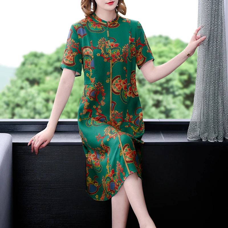 Frauen Blumen natürliche Slik Kurzarm Midi Kleid Sommer elegante Bodycon lässig Party kleid 2024 koreanische Vintage Abendkleider