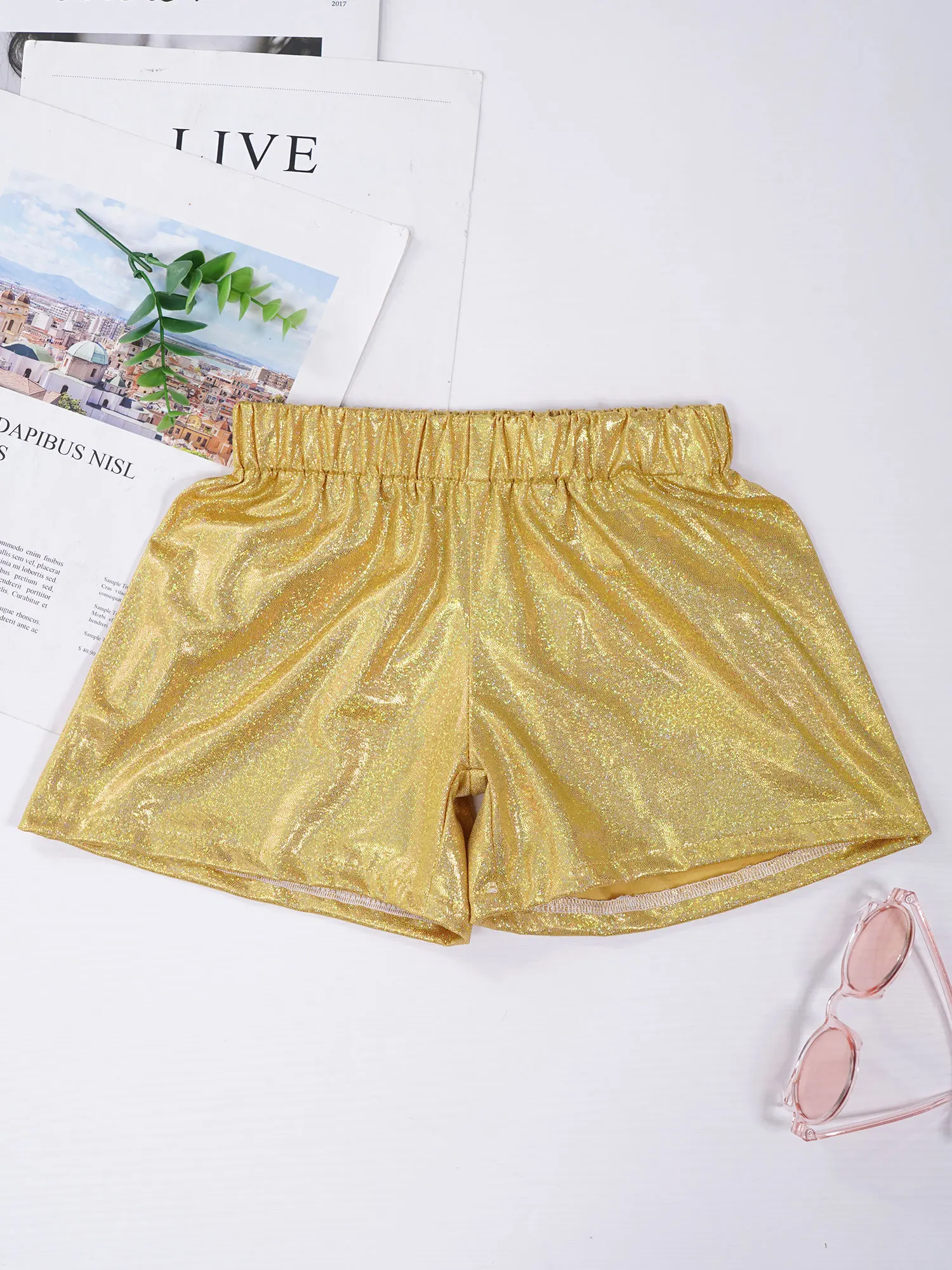 Kids Girls Metallic Shiny Shorts Bottoms Elastic Waist Shorts for Gymnastic Ballet Dancewear Yoga Sport Cheerleading Performance