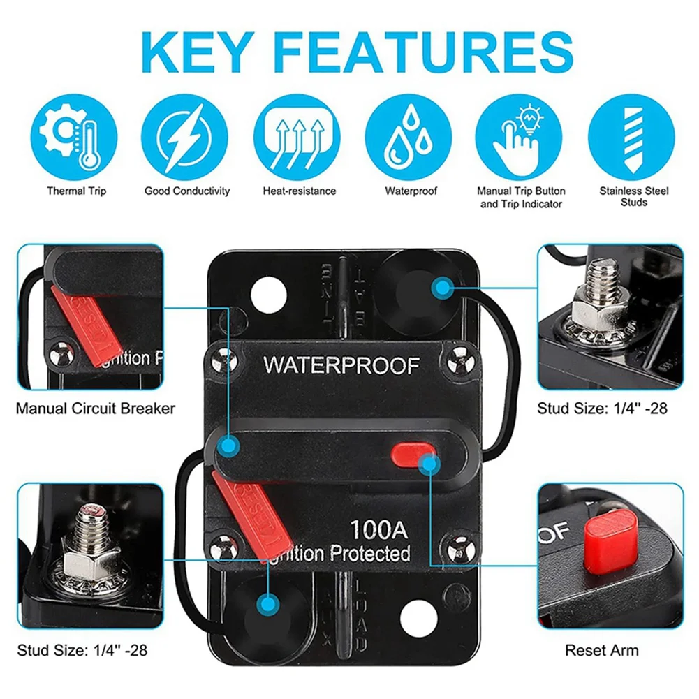 Y50A-3X Waterproof Circuit Breaker,With Manual Reset,12V-48V DC,100A,For Car Marine Trolling Motors Boat Power Protect