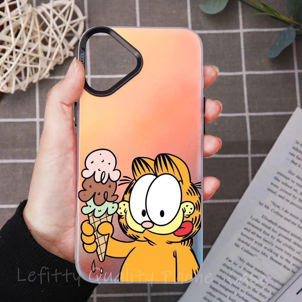 لطيف الكرتون G-garfield القط جراب هاتف ليزر معدني آيفون 16 15 14 13 12 11 برو ماكس ماتي أورورا متعدد الألوان التدرج كوف #1