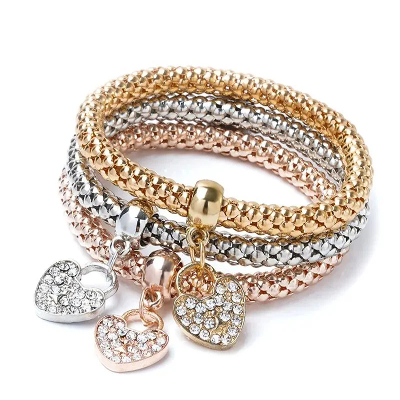 3-teiliges Set Herz-Schloss-Schlüssel, Musikzeichen, Charm-Armband, Eule, Rosévergoldung, silberfarbene Kette, Owm-Charm-Armreif, Schmuckset – Detail 1