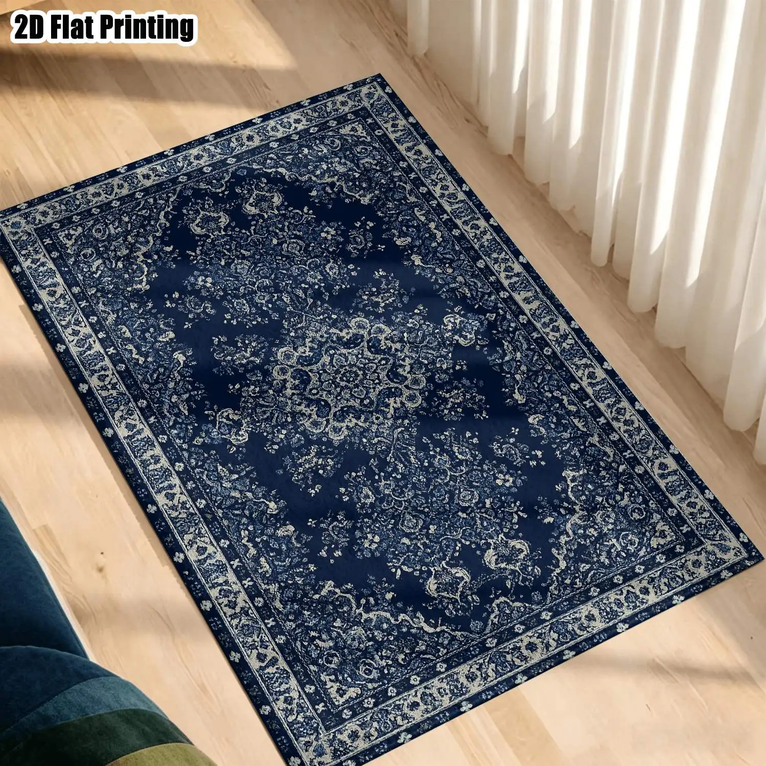 1Pc 2D Printed Carpet: Deep Blue Retro Floral Pattern, European/Bohemian/Vintage/Geometric Style, Ideal Home Decor, Multi-Size, Machine Washable, Can Be Used as Entrance/Dining Room/Foyer/Bedroom/Living Room Mat
