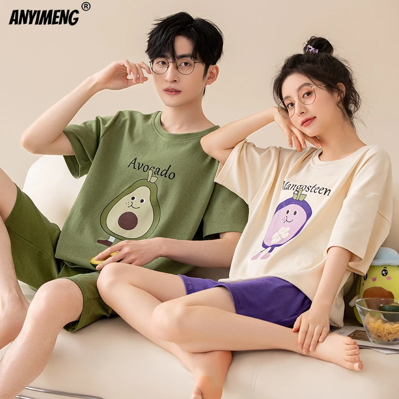 100% Cotton Summer New Fashion Short Sleeve Short Pants Couple\'s Pajamas Soft Cotton Kawaii Bear Printing Sleepwear for Lovers