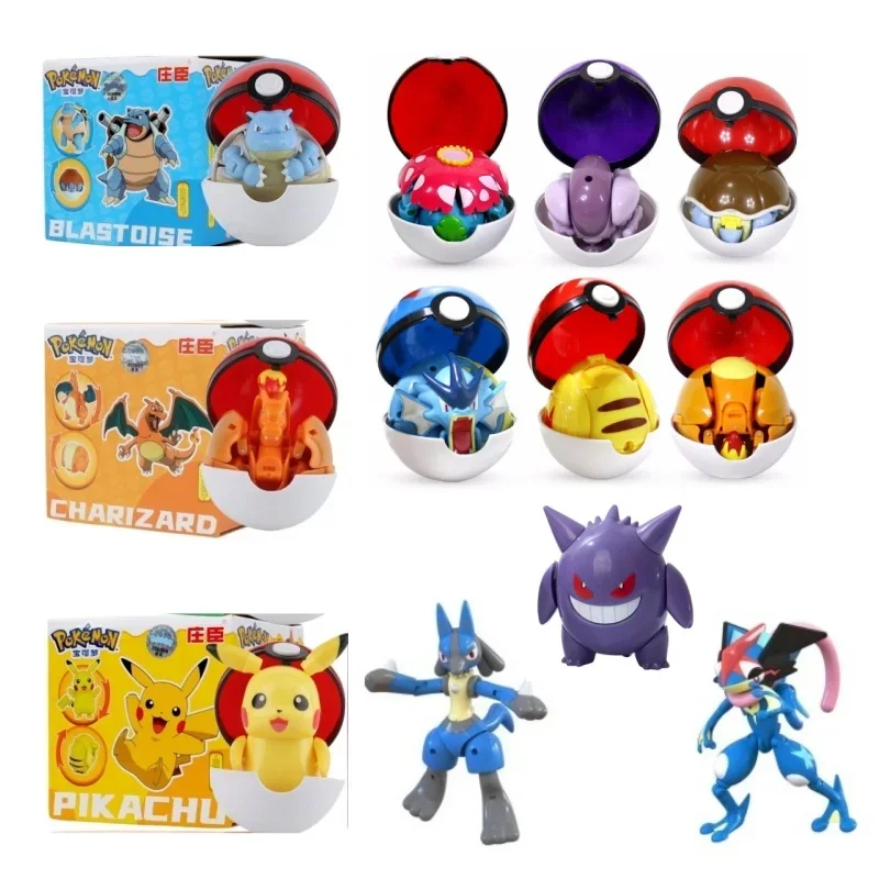 2PCS Pokemon Figures Genuine Original Deformation Toy Anime Figure Pikachu Charizard Greninja Pocket Monster Pokeball Model Gift