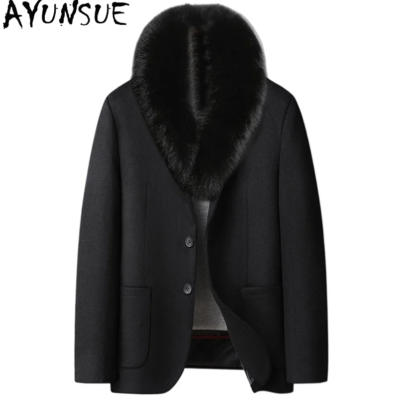 

AYUNSUE 35,1% шерстяные пальто для мужчин, зимний пиджак, корейская мода, тонкое шерстяное пальто с воротником из лисьего меха, мужские куртки на подкладке
