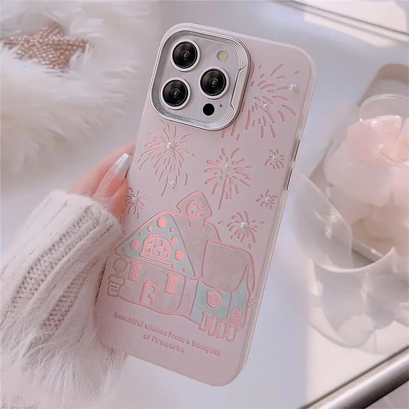 Lovebay Happy New Year Castle Fireworks Pink Laser Relif 3D Shockproof Phone Case for Iphone 12 13 14 15 Pro Max Soft Back Cover