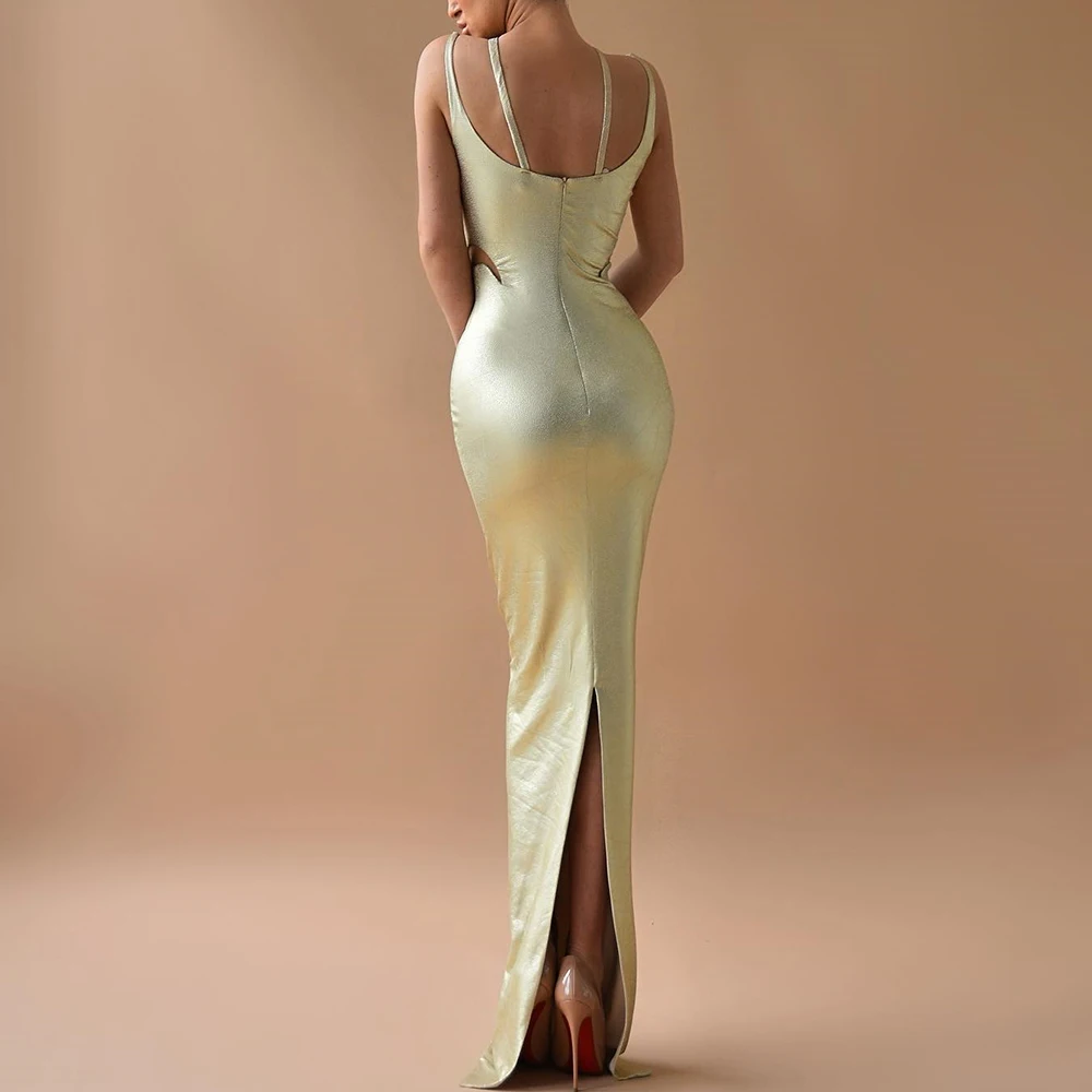 customized Customized Sexy Pleat Halter Floor Length Back Slit Straight Vestidos De Fiesta Satin Spaghetti Straps Vestidos Para