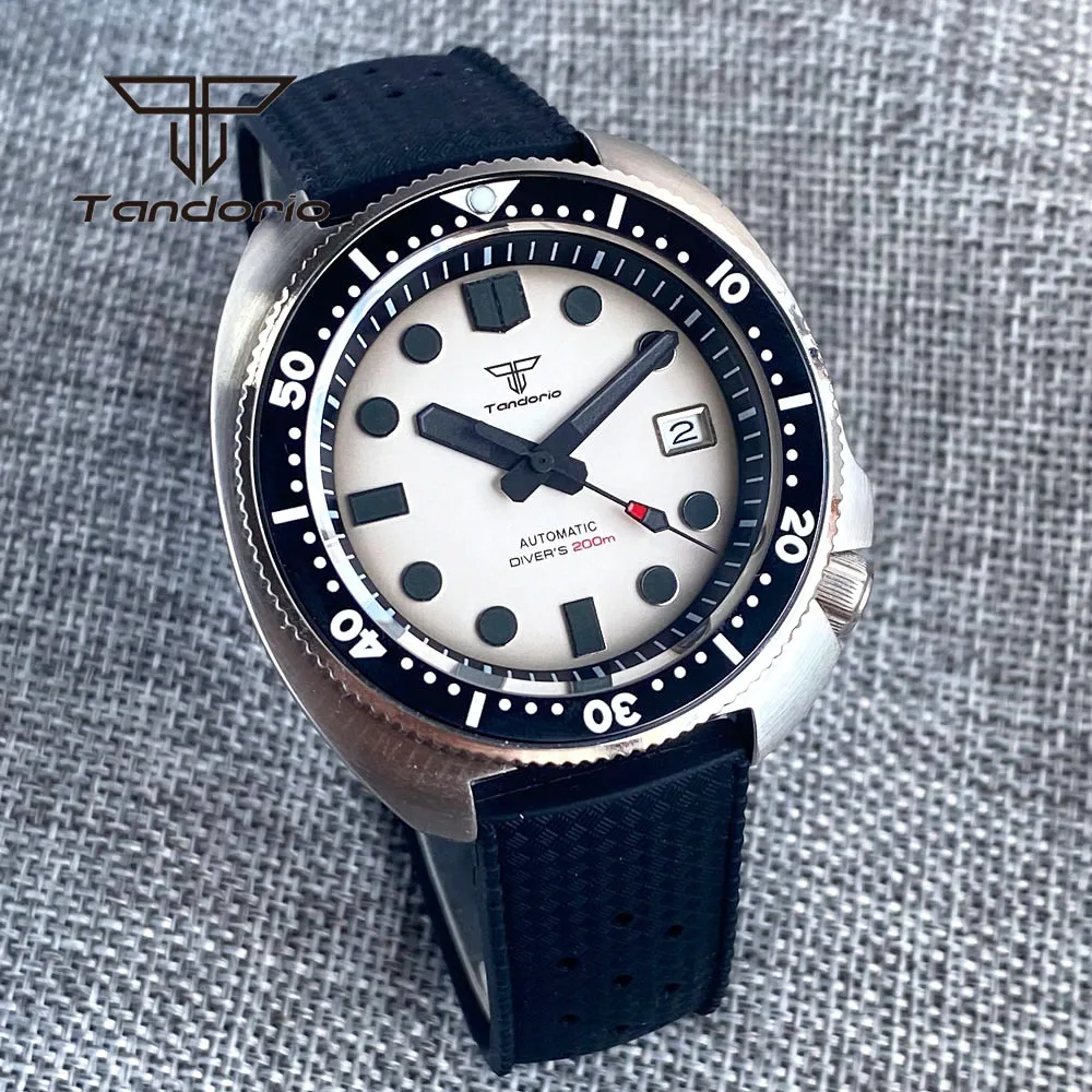 Tandorio Dress NH35A 44mm 200m Diving Automatic Wristwatch for Men Sapphire Glass Brushed Case White Dial Ceramic Bezel Date