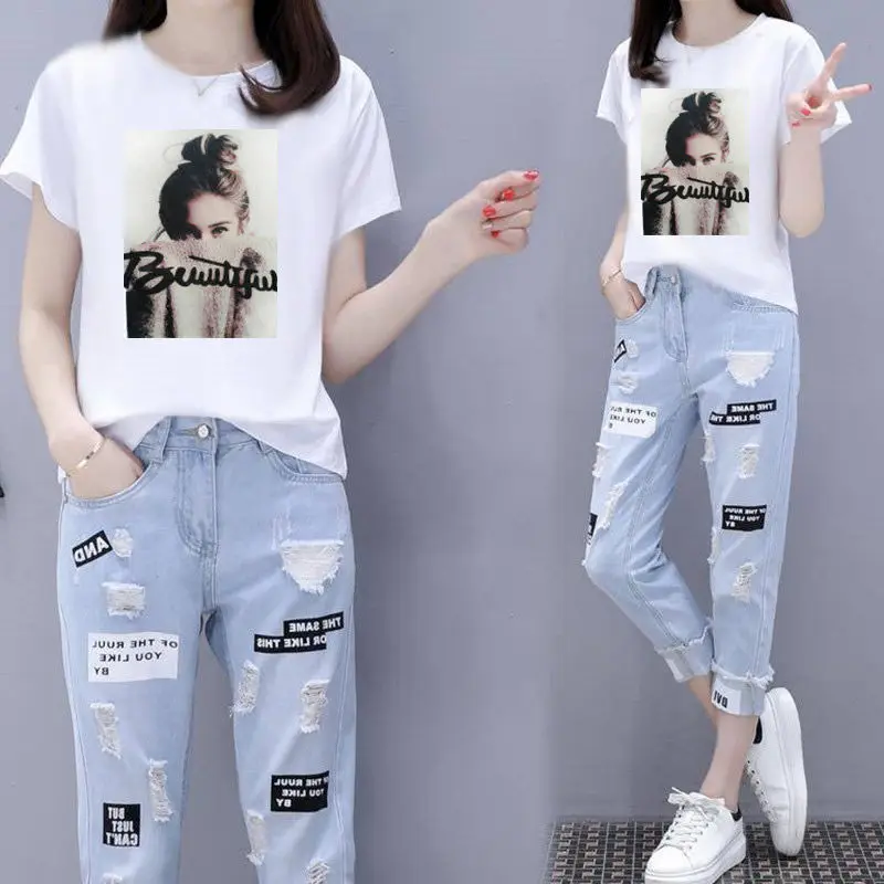 2022 estate nuovi eleganti pantaloni da donna Set T-shirt a maniche corte stampata moda Jeans traforati Set di due pezzi tuta femminile