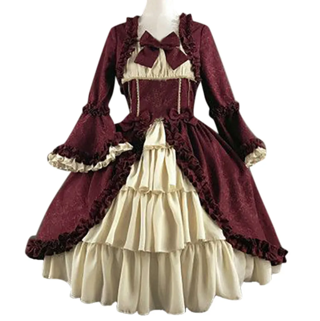 Vintage Gothic Court Costumes Bow Lolita Dresses Medieval Square Collar Waist Hugging Stitching Ruffle Sweet Puffy Dresses