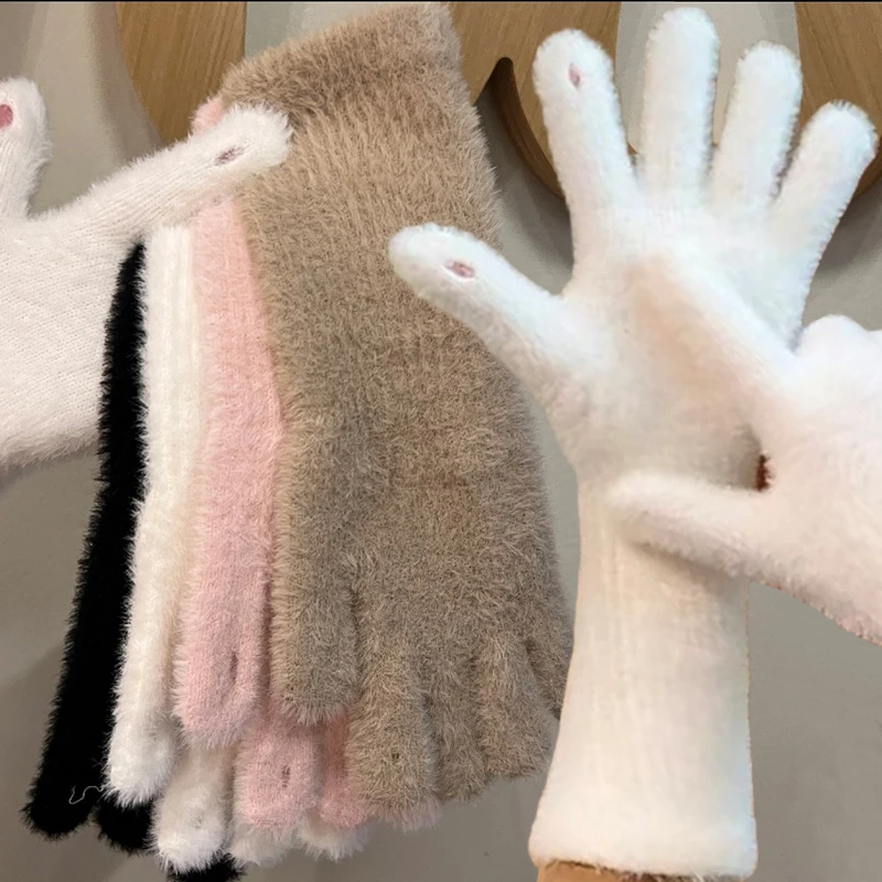 

Fashion Long Mink Wool Glove Women Korean Winter Thicken Knitted Warm Fluffy Plush Mittens Riding Protective Arm Anti-cold Glove