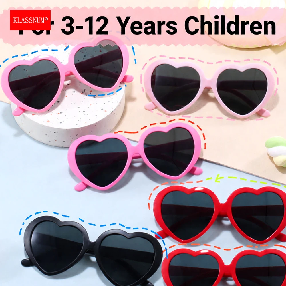 KLASSNUM Sunglasses Kids Heart Shaped Frame Sun Glasses for Children 3-12 Years Baby Party Eyewear Cute Fashion Accessory Bulk