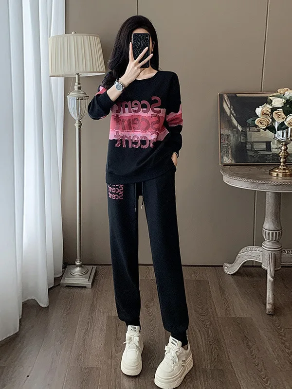 

Новый модный повседневный спортивный костюм 2025 года для женщин: свободный свитшот с круглым вырезом и брюки с высокой талией, комплект из двух предметов, удобный