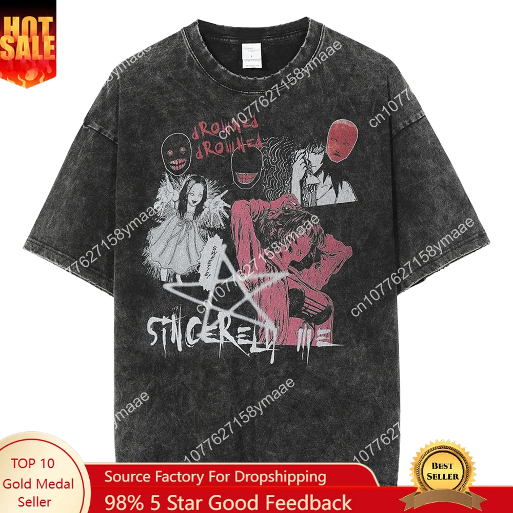 

Hip Hop Streetwear Oversize Acid T Shirt For Men Women Thriller Comic Graphics T-Shirt Summer Washed Old FuJiang Anime Top Tees