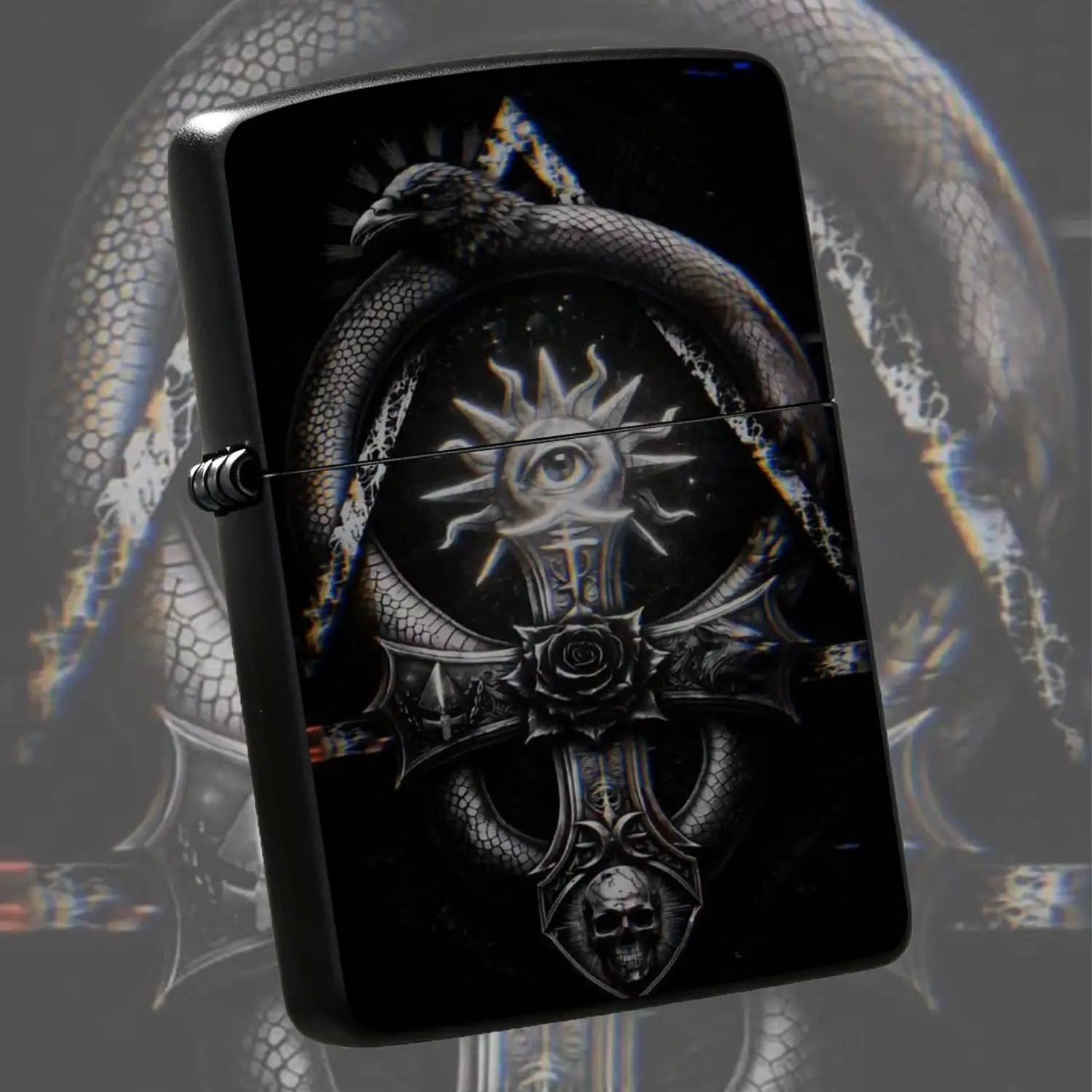 Dark Aesthetic All-Seeing Eye Pattern Lighter Creative Ouroboros Crow Wrapping Design Exquisite Black Rose Skull Details Decorative Personalized Portable Item Suitable For Daily Travel Gathering And All Scenes Unique Mysterious Style Ideal