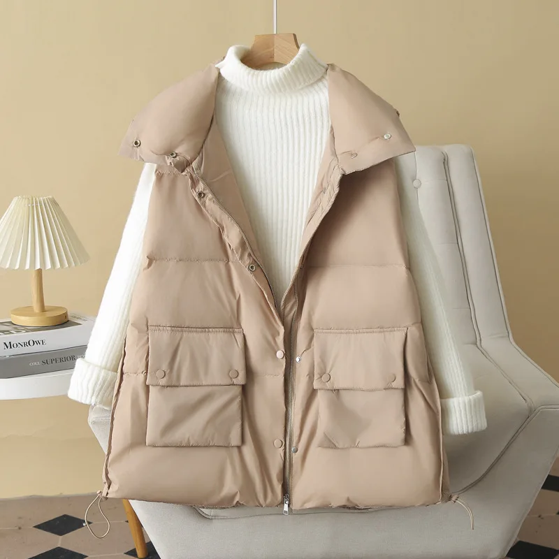 Plus Size Women Down Vest Winter Loose Stand Collar Pocket Button White Duck Down Warm Coat 2749