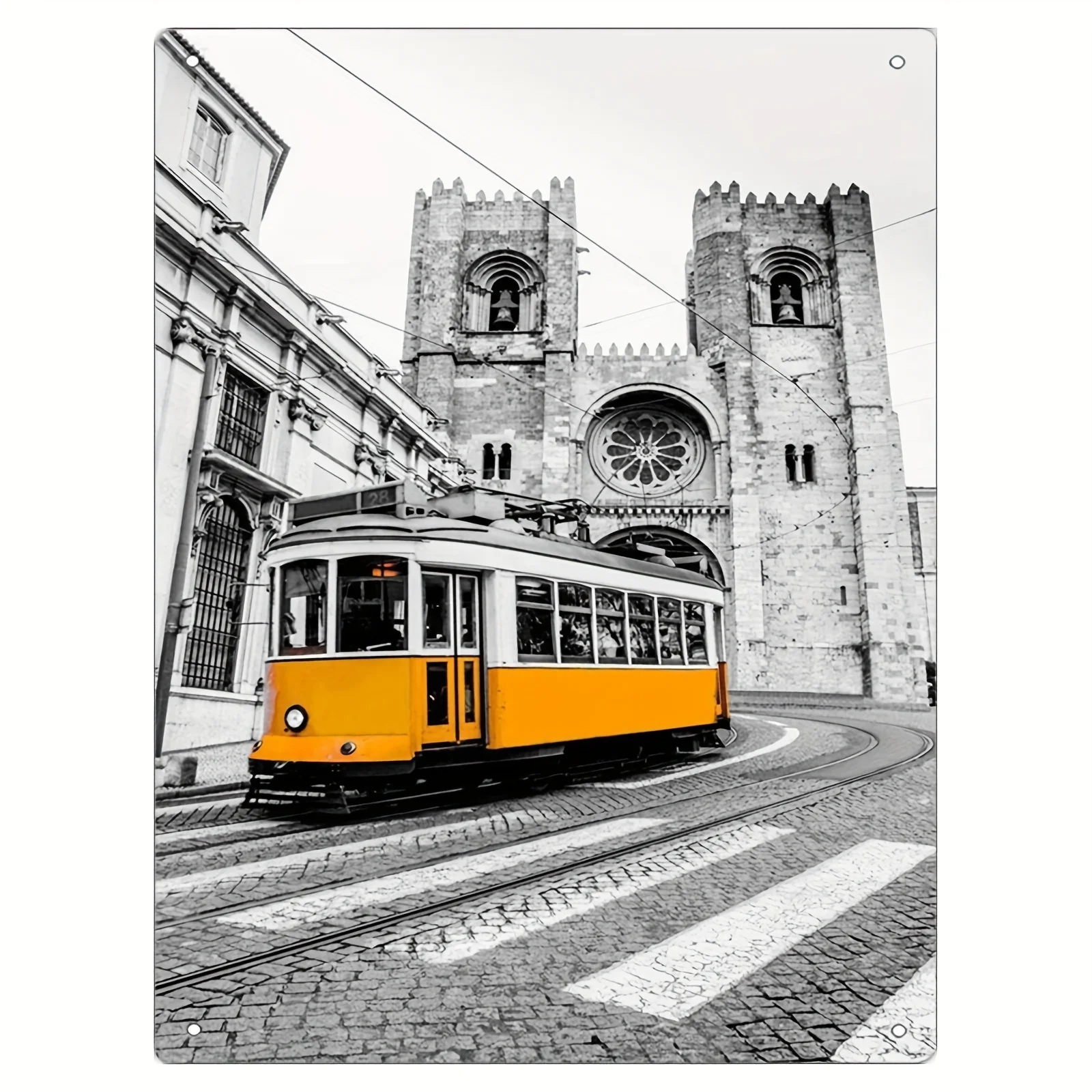 Vintage Lisbon Tram 28E Metal Wall Art - Iron Lisbon Streetcar Foil Engraving Sign, Portugal Travel Souvenir, Weather-Resistant