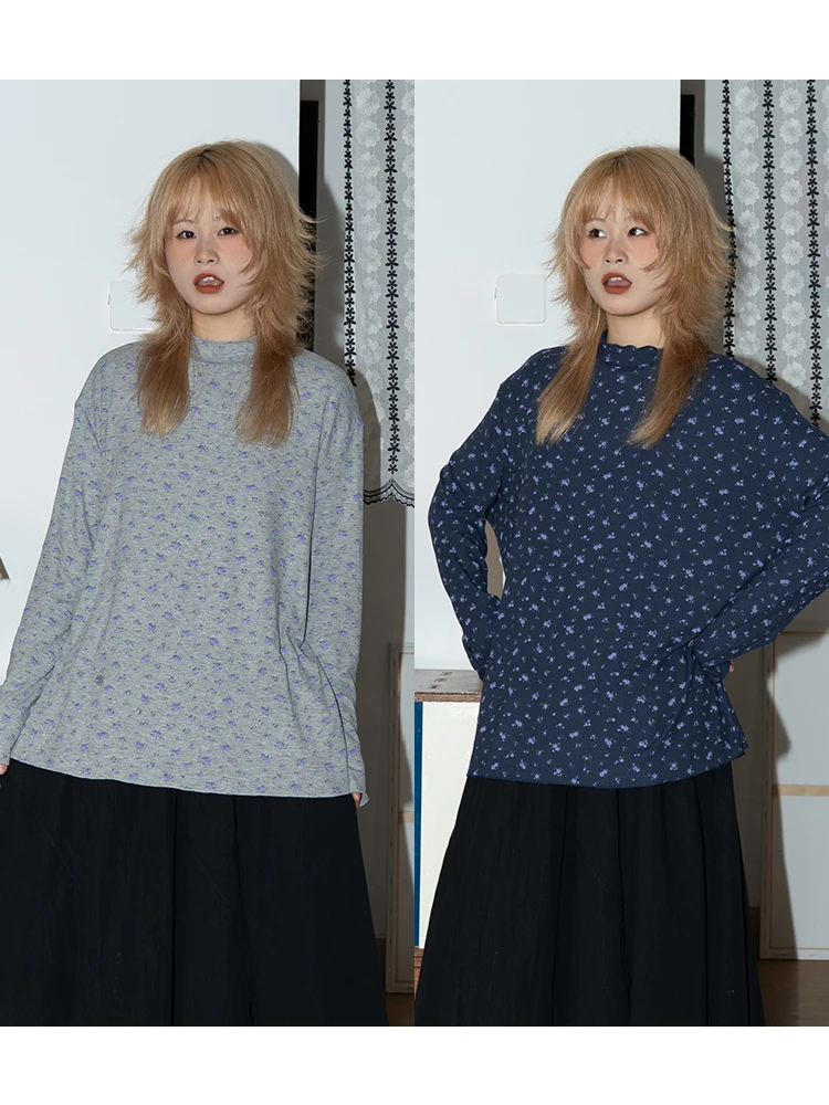 

Retro Floral Print f High Collar Long Sve Base irt Women's Loose Fit T-irt Versatile Layering Top for Autumn Winter