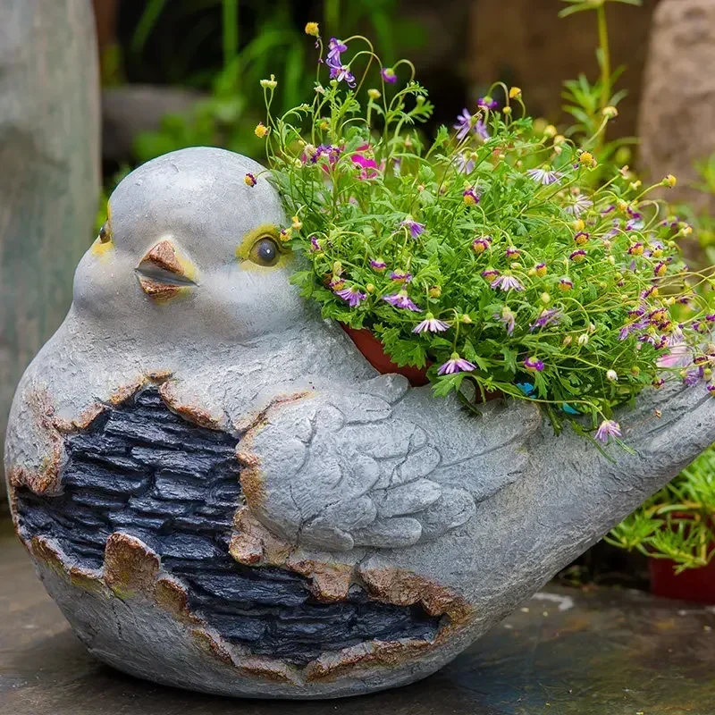 Outdoor Garden Simulation Animal Crafts Resin Bird Flower Pot Accessories Decoration Courtyard Villa Yard Statue Ornaments Decor