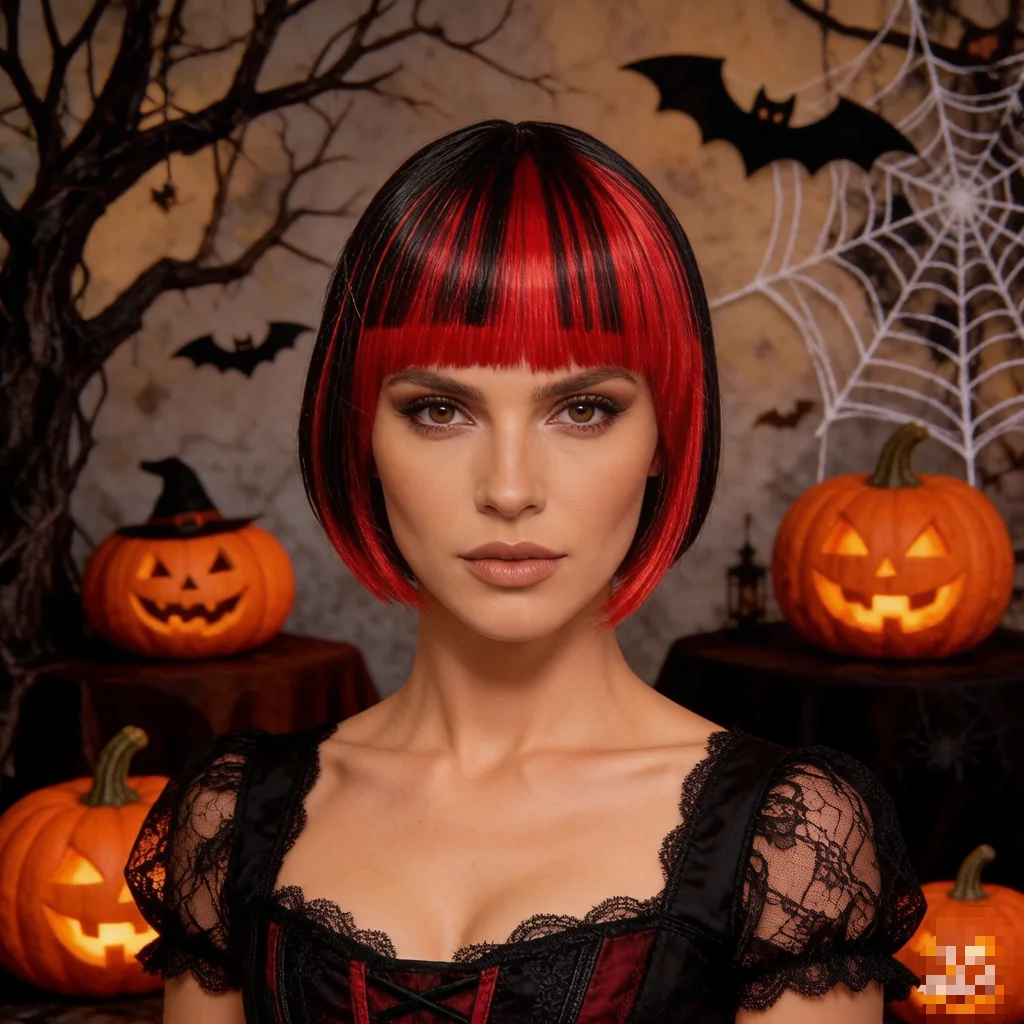 Black Red Streaked Bob Synthetic Wig with Flat Bangs, Punk Gothic Style for Halloween Cosplay and Rock Party Costume