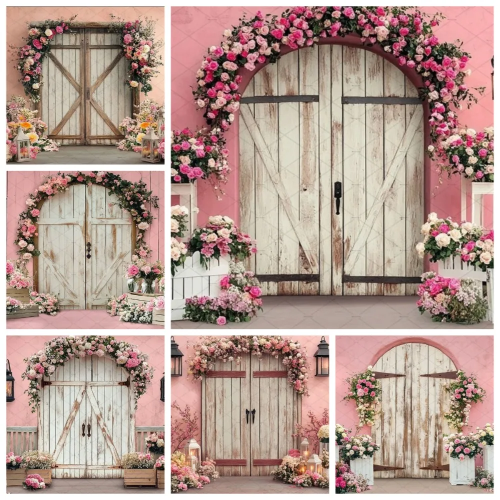 

Spring Valentine's Day Rural Wooden Door Lantern Wedding Theme Banner Background, Children's Birthday Party Photography Backdrop