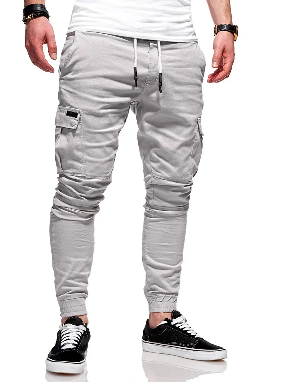 Men\'s Jogging Pants Denim Flip Pocket Side Drawstring Waist Overalls Leisure Elastic Sports Pants Training Tactical Pants