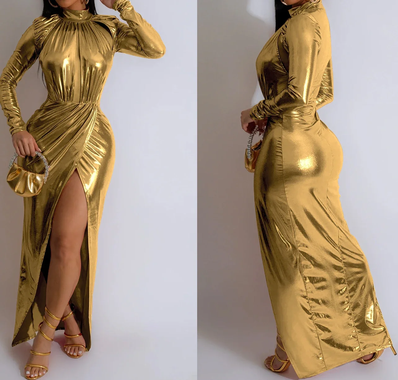 Long Dresses for Women Streetwear 2024 Spring Fashion Gold Plated Mock Neck Pleated High Split Sexy Evening Maxi Dress Female