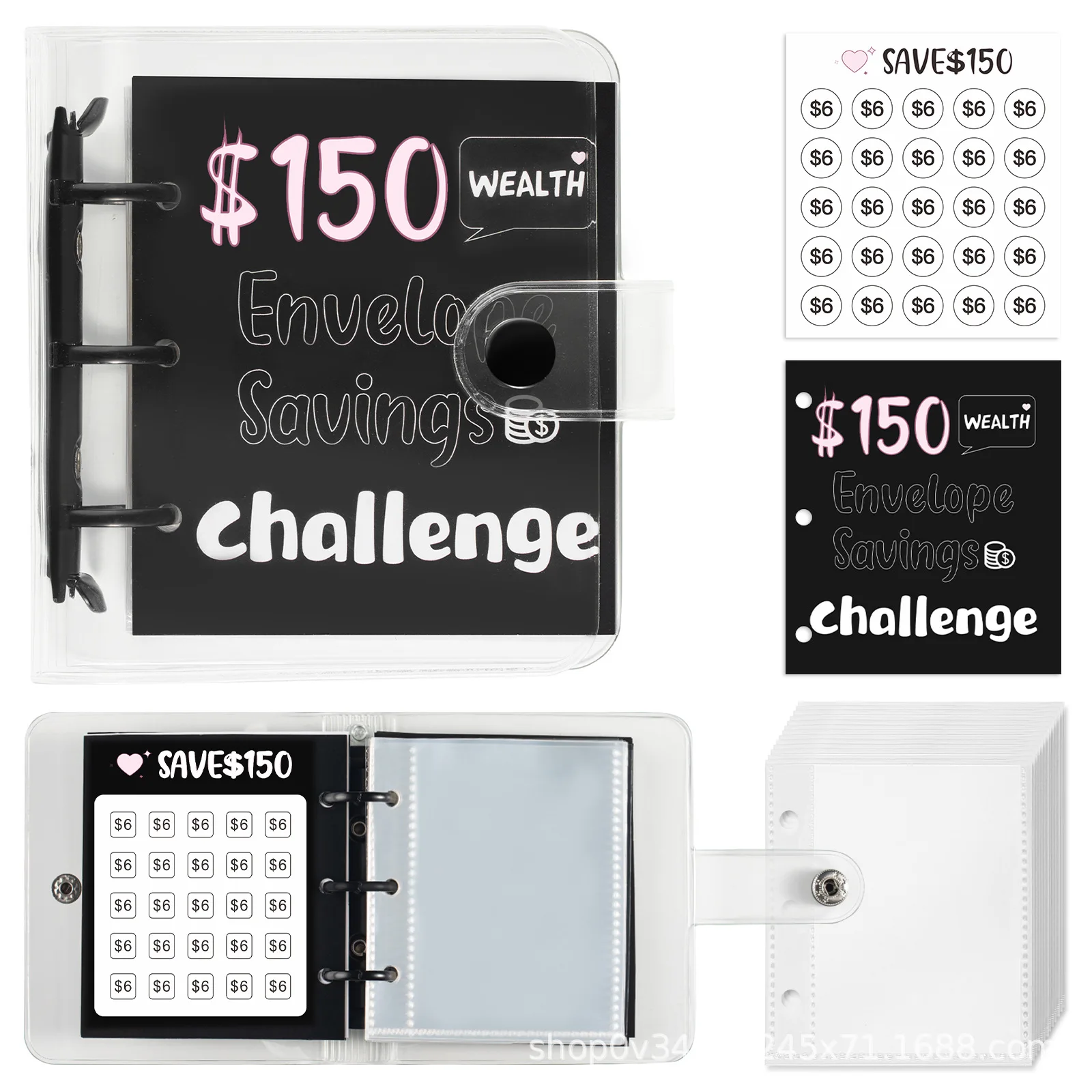 Mini Money Saving Binder $150/300/500/1000 Cash Envelopes Savings Challenges Book PVC Tear Resistant Envelope Savings Challenge
