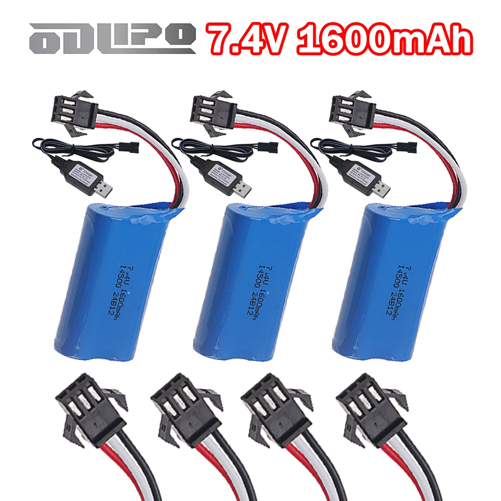 14500 7,4V mit SM-3P-Stecker 2S 1600mAh Li-Ionen-Akku für elektrische Spielzeug-Wasserkugelpistole, RC-Autos, Boote, 7,4V Akku + USB-Ladegerät