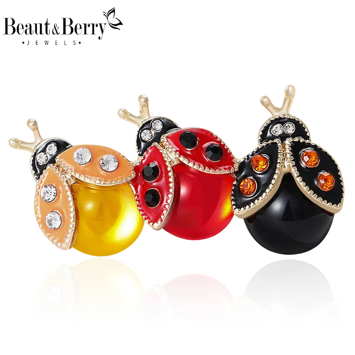 Beaut & Berry Broches de joaninha esmaltados da moda para mulheres unissex strass alfinetes de insetos acessórios de festa casuais presentes amigos