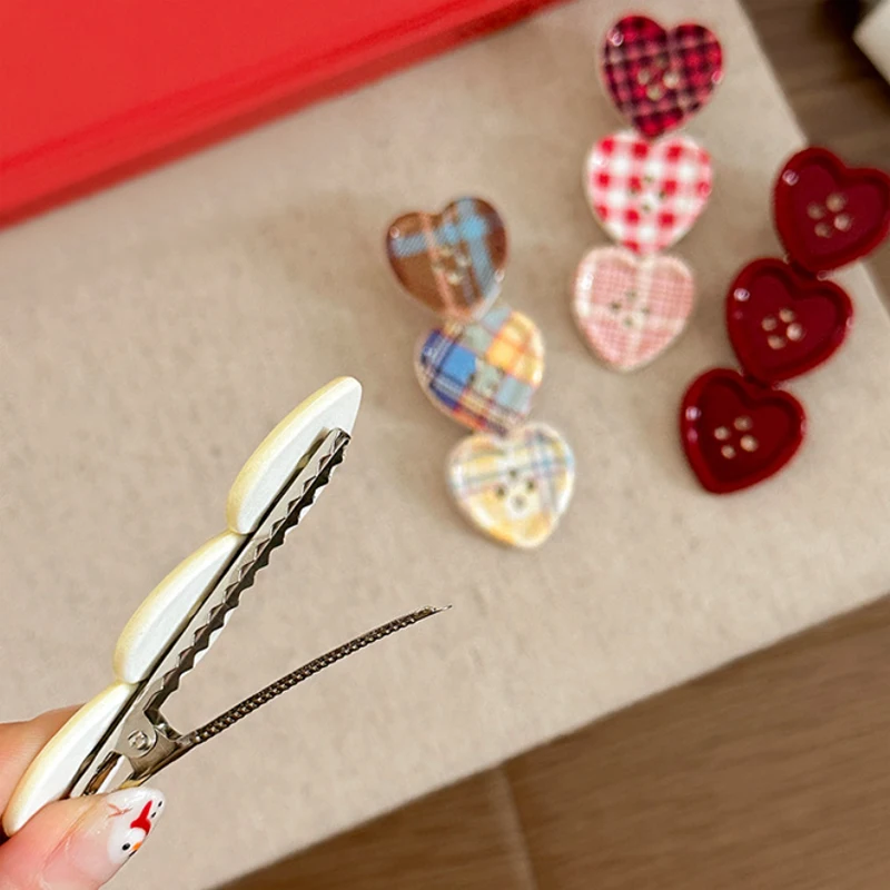 Plaid Heart Button Hair Clip Sweet Women Side Bangs Hairpin Korean Japanese Fashion Duckbill Clips Headdress Hair Accessories