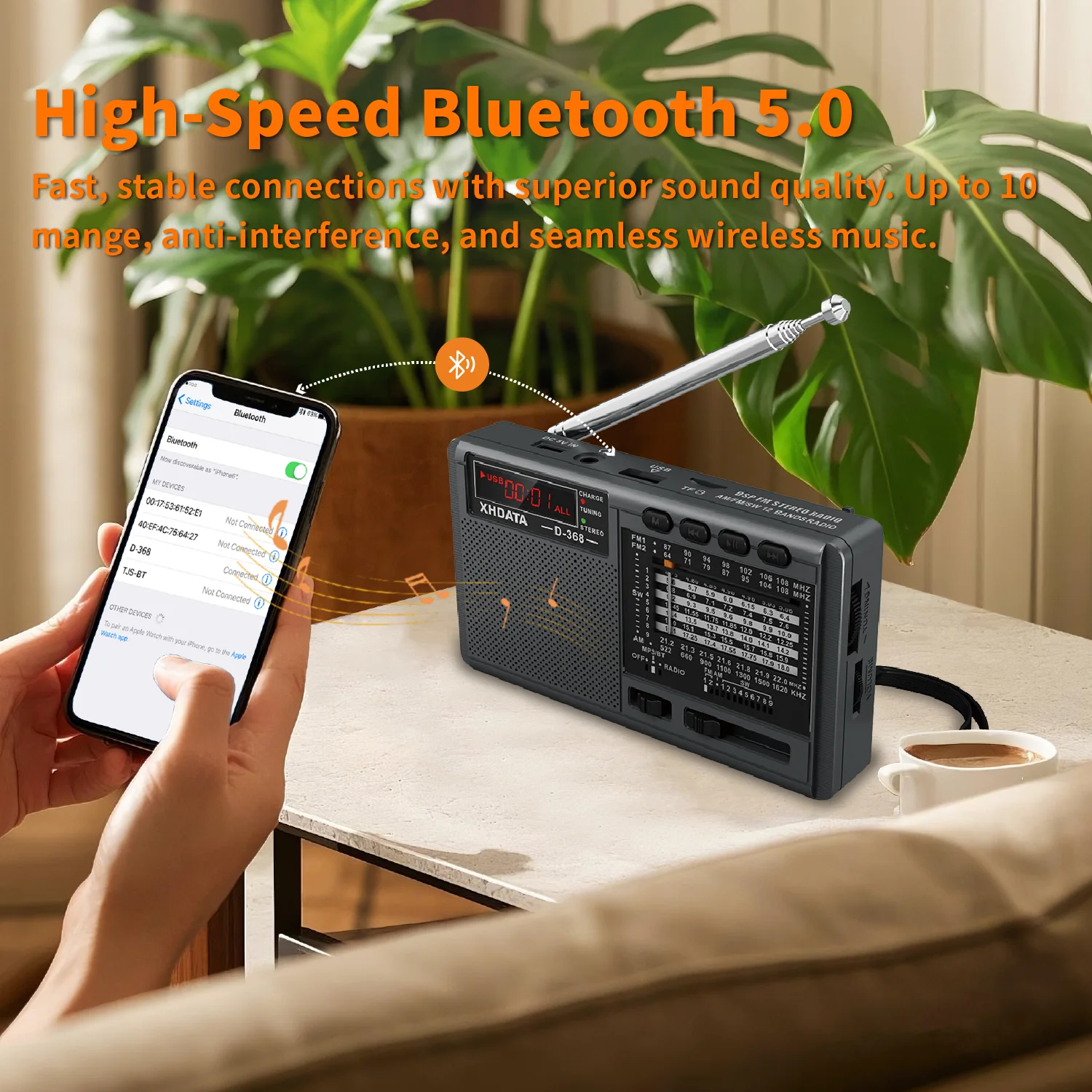 XHDATA D-368 Portable Stereo Radio FM AM SW MP3 Player with Bluetooth TF Card USB Playback 4Ω 3W Speaker Rechargeable Battery image 5