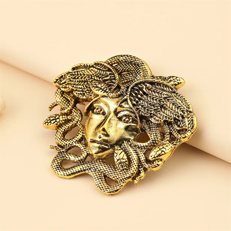 60mm New Fashion Jewelry Gold Plated  Medusa Snake Shape Gold Plated Brooch Pin Greek Mythology Amulet