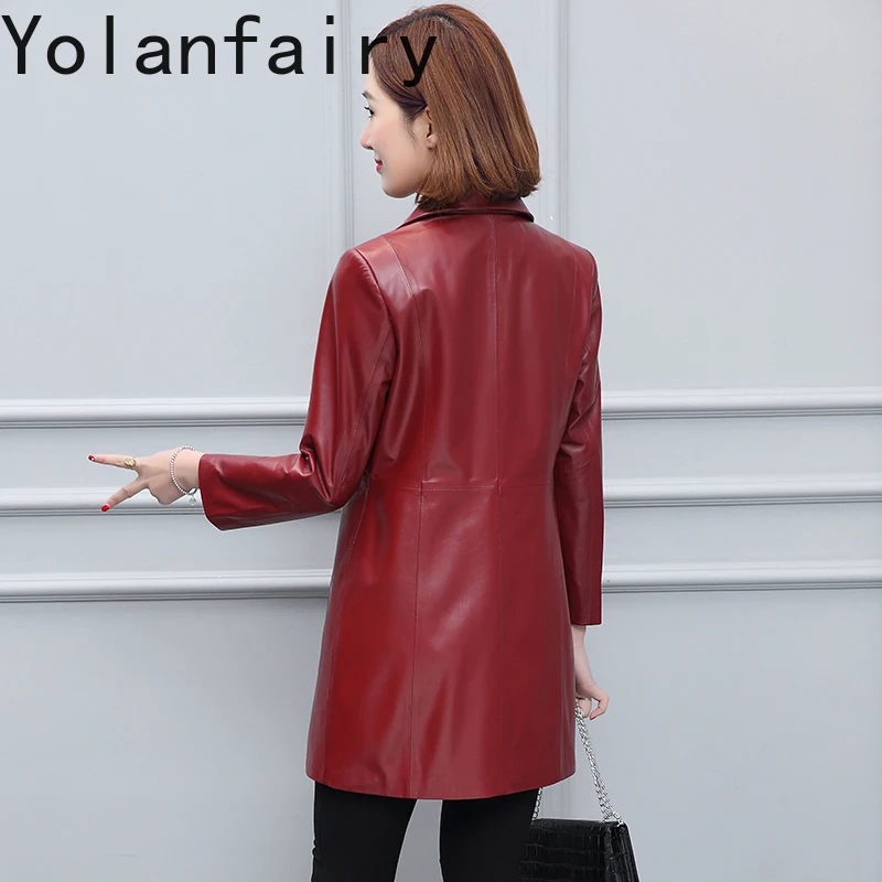YOLANFAIRY New Real Sheepskin Leather Tench Coat Woman Spring Autumn Mid-length Genuine Leather Jacket Women Slim-fit Chaquetas