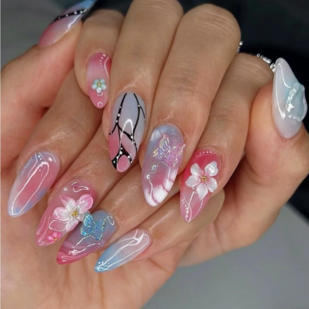 10Pcs Handmade Artificial Full Cover Press On Nails Girls 3D Flowers Style Almond Pattern ABS Material Nail Art Salon with Set