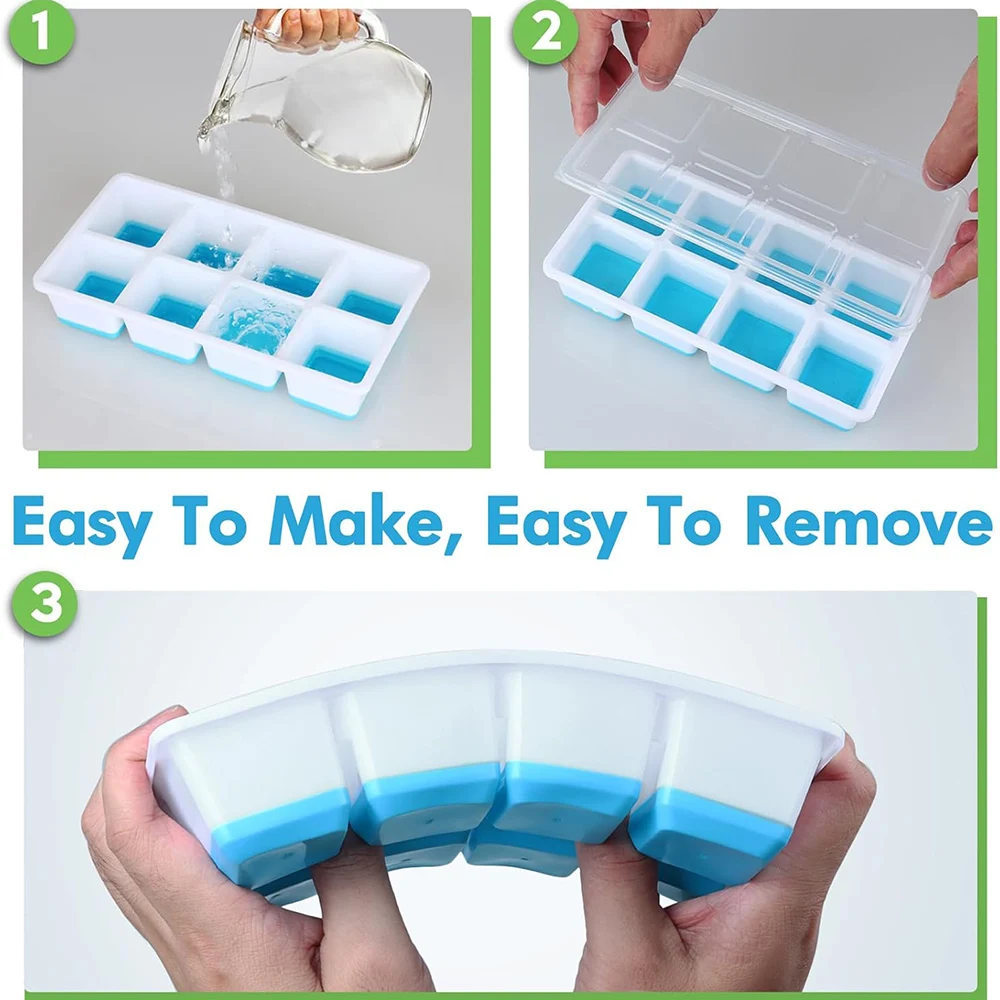 Large Ice Cube Tray with Lid Silicone Square Ice Cube Molds for Freezer,Stackable Huge Cubed Ice Trays for Whiskey Frozen Treats