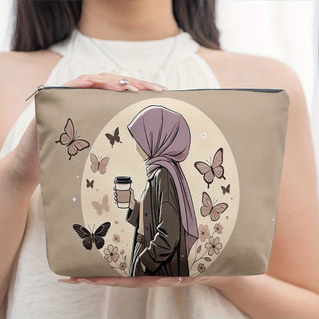 1 Piece of a Woman in a Mask Holding a Drink and a Cosmetic Bag - Multifunctional Zipper Bag for Women, Perfect Travel Zipper Storage Bag, Fun Birthday Gift