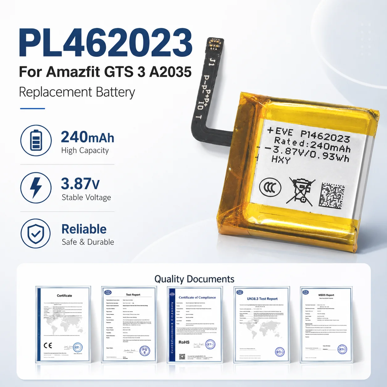 240mAh PL462023 Li-Ion Rechargeable Battery for Amazfit GTS 3 A2035 Smart Sports Watch Long Lasting + Free Tools