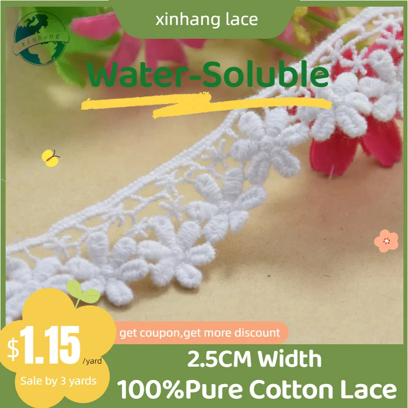 

3yards 2.5cm 100% Cotton lace Sewing Ribbon Guipure Trim Fabric Warp Knitting DIY Garment Wedding Accessories African Lace#2644