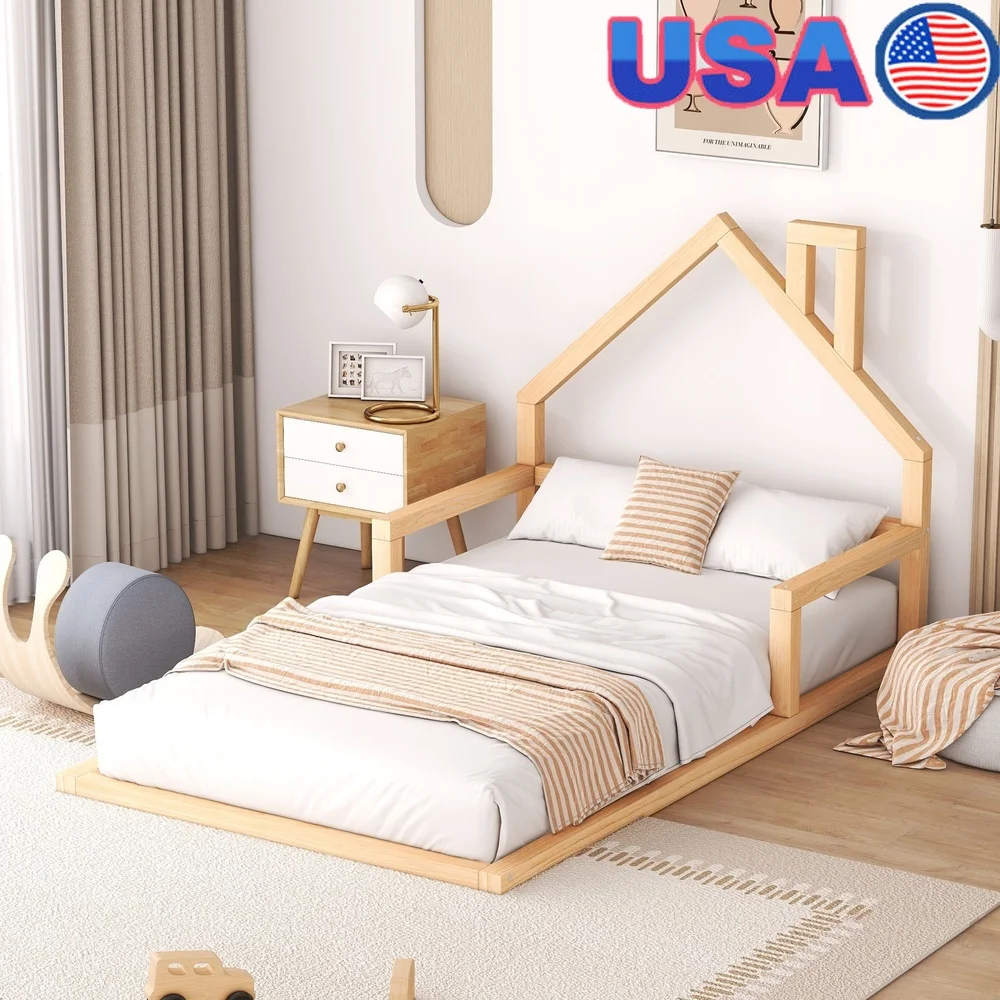 

Twin Size Wooden House Bed Kids with Guardrail Sturdy Pine Frame Playhouse Design Low Profile Easy Assembly