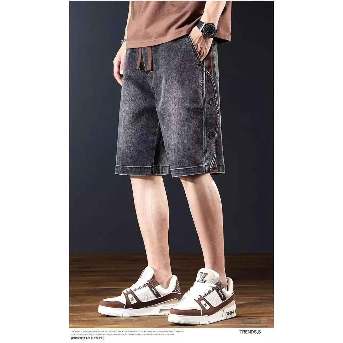 

Summer Thin Elastic Waist Drawstring Jeans Shorts Men's Trendy High-End American Casual Five-Quarter Loose Straight Tube