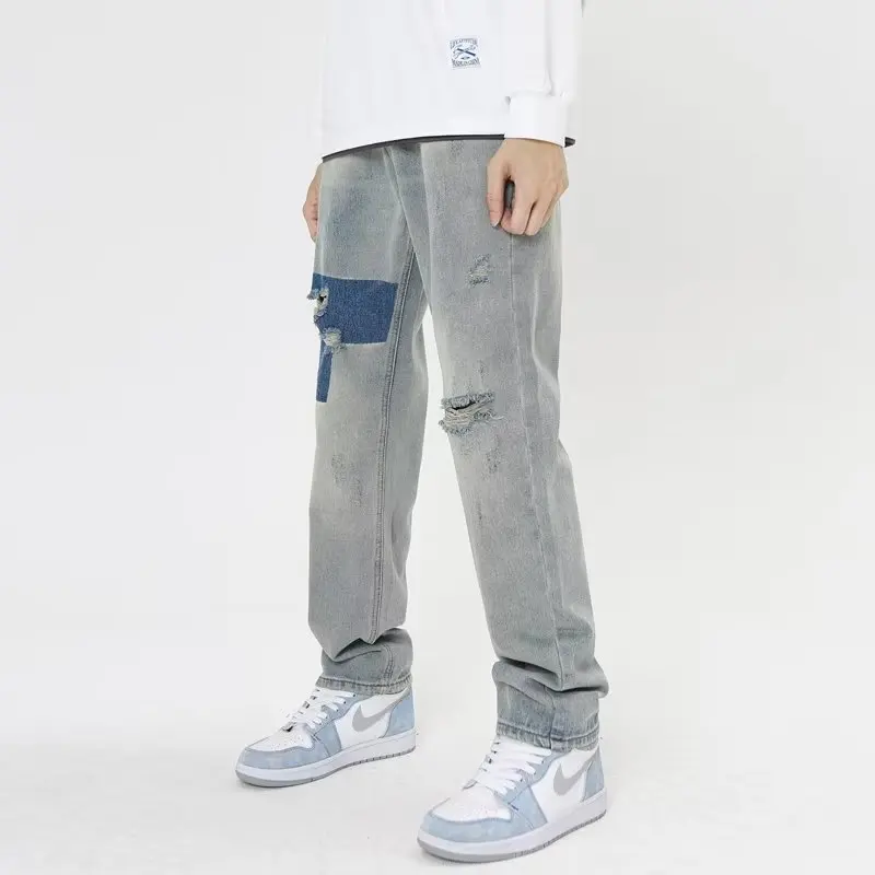 DistMurcia-Jean Déchiré et Évasé pour Homme, Pantalon en Denim Bleu, Coupe Cintrée, Patchwork, Hip Hop, 5058