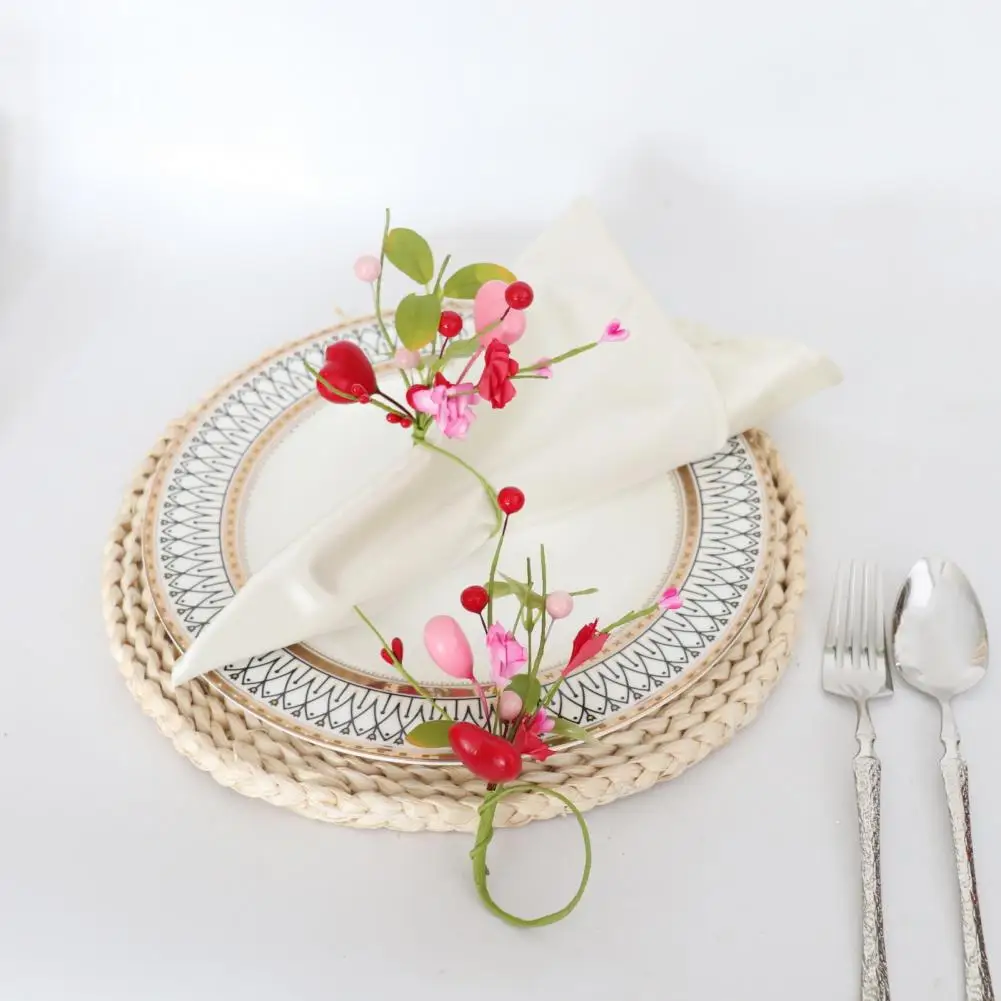 Napkin Rings Napkin Holders Heart Shaped Napkin Rings with Simulated Flowers Table Setting Decor for Valentine's Day Wedding Par