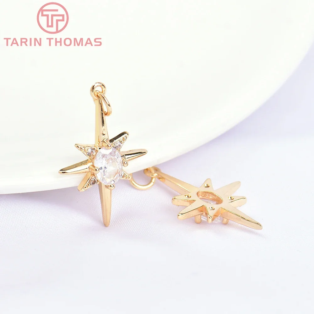 (1133)4PCS 24K Gold Color Plated Brass with Zircon explosion Six-star Charms Pendants High Quality Jewelry Accessories Wholesale