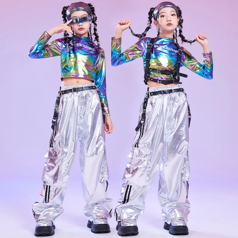 Children'S Kpop Stage Outfits Laser Top Silver Pants For Girls Jazz Dance Costumes Kids Cool Hip Hop Clothing Street Wear