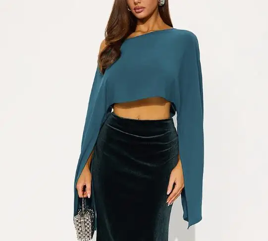 Otoño e Invierno para mujer con hombros descubiertos, se puede colgar en diagonal, con mangas abiertas y sueltas, cintura expuesta, jersey, top chal