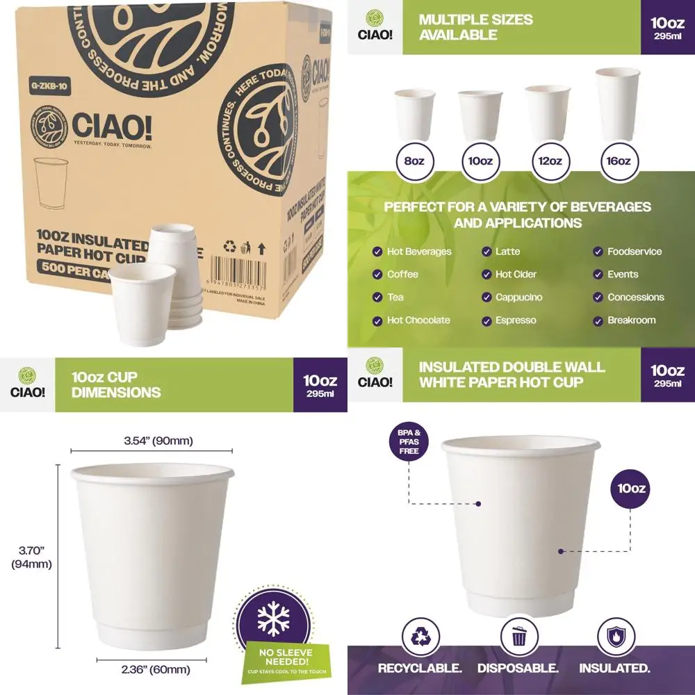 

Insulated Double Wall White Paper Hot Cups, 10 oz, 90mm Diameter, 500 Pack, Bulk Coffee Cup Supply