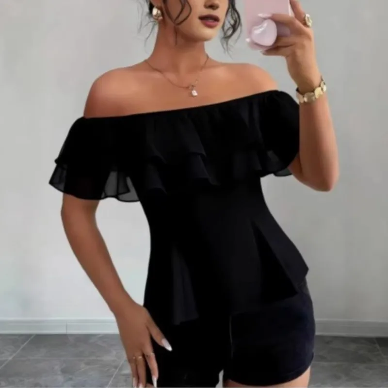 Sexy Off Shoulder Slash Neck Ruffle Women's Blouse Top Summer White Sleeveless Slim Blouses Elegant Office Lady Shirts Tops view 4