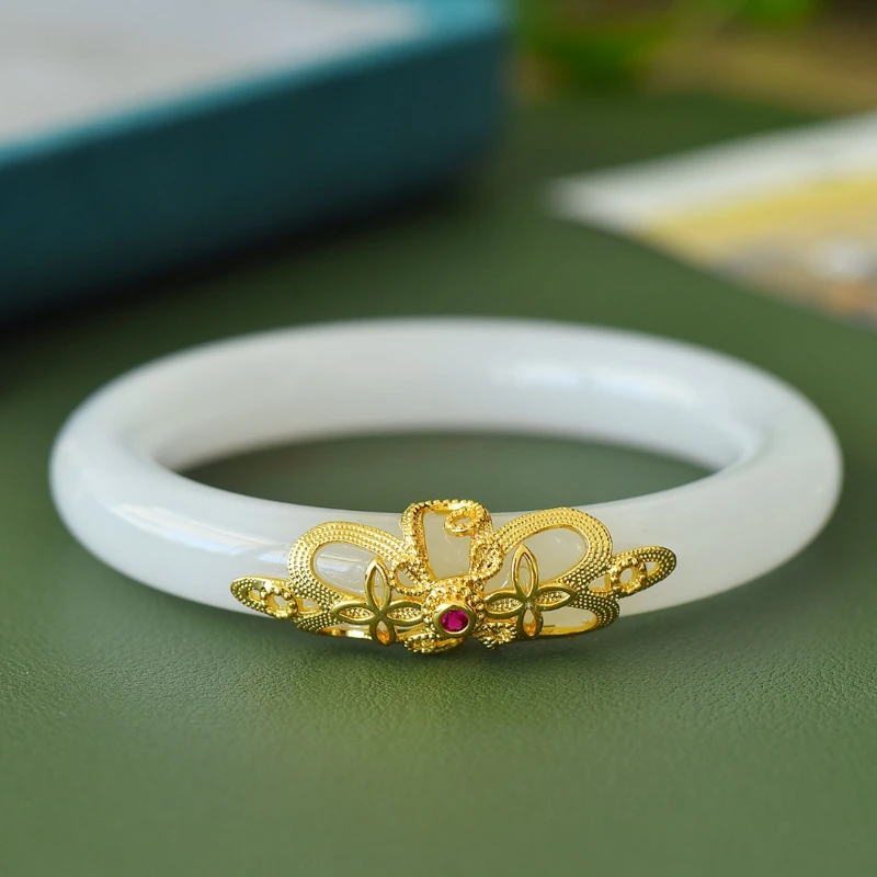 

Натуральный Золотой Шелковый нефритовый старинный инкрустированный модный браслет Женская мода простой атмосферный браслет ювелирные изделия